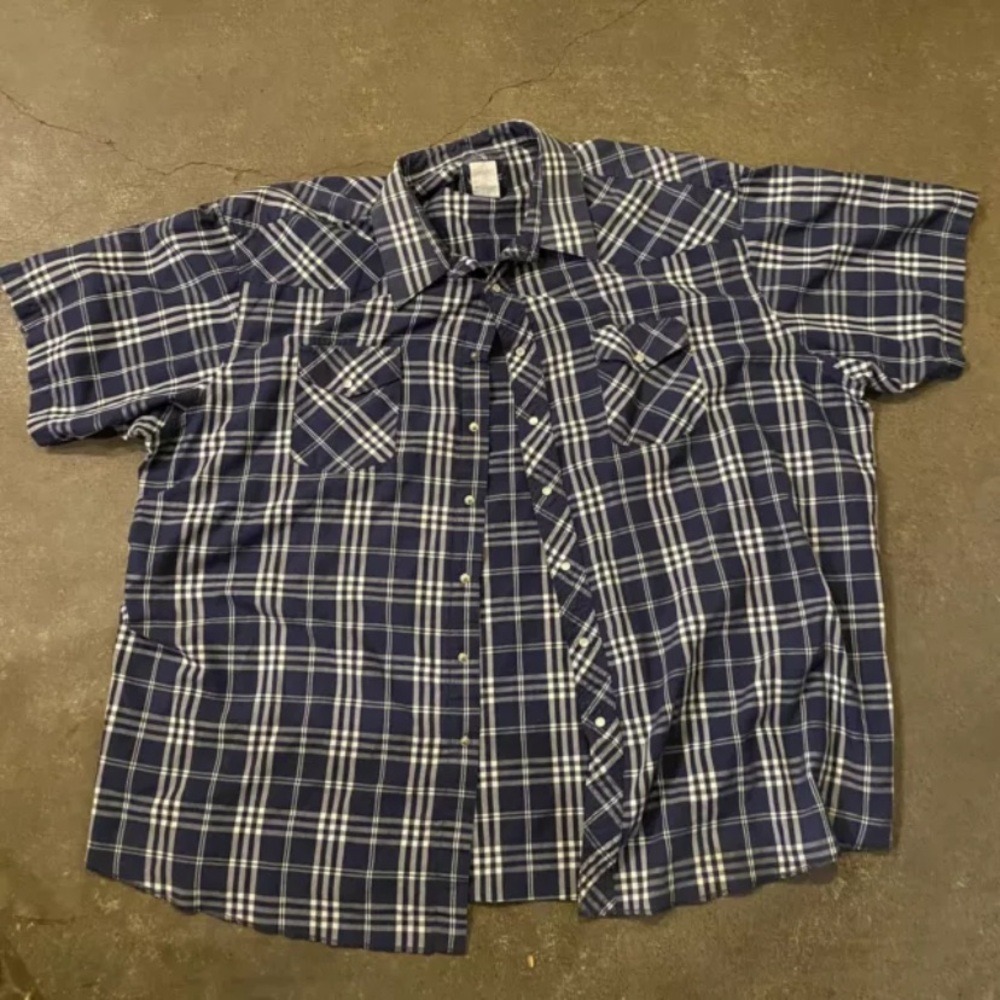 Vintage 90s Wrangler Pearl Snap Shirt‎ Men 3XL Blue Striped Check Short Sleeve